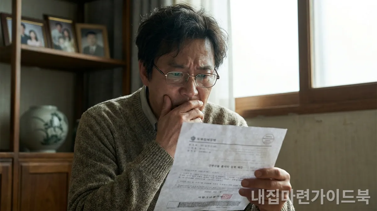 50대 한국인이 걱정스러운 표정으로 통지서를 들고 있는 모습, 흐릿한 거실 배경.