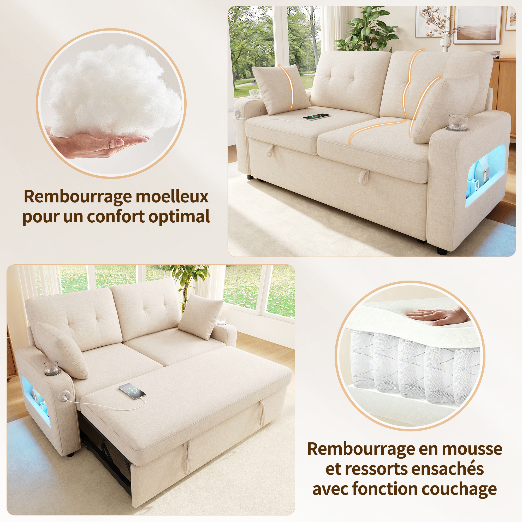 Canapé convertible beige en situation