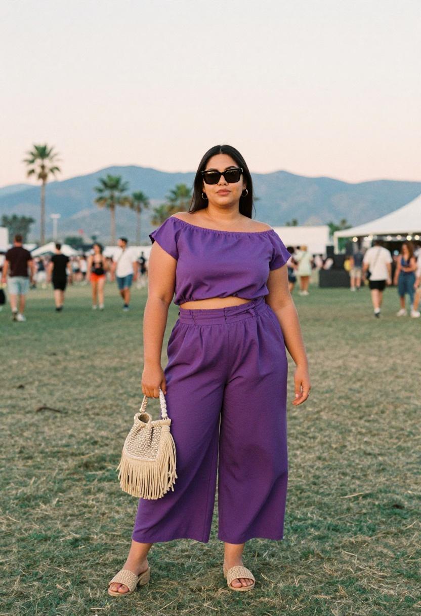 Plus-size woman in bold violet palazzo set with fringe bucket bag against a festival sunset