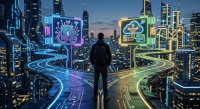 Le migliori alternative gratuite a n8n (open-source e freemium) per l'automazione 4 Una persona a un bivio di una strada digitale con insegne luminose che rappresentano scelte come self-hosted o SaaS