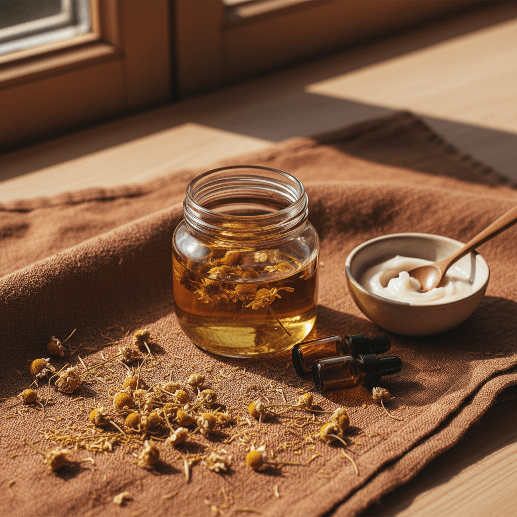 A serene skincare flat lay with chamomile flowers and infusion jar