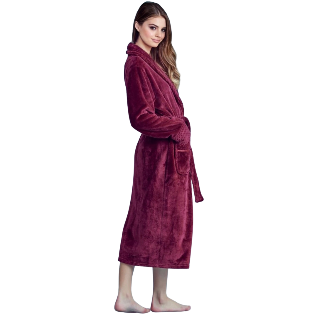Women Plush Shawl Collar Robe, Fleece Bathrobe, Red (S/M) view 2
