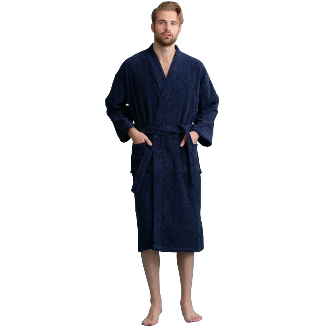 Unisex Men's Terry Cotton Dark Blue-Navy-Bathrobe (One Size)