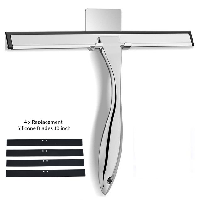 Silver Stainless Steel Glass Squeegee for Car Windshield & Countertop - 10 inch Hydrophobic Window Cleaner and Squeegee Blade with Adhesive Holder Hook & 4 Replacement Silicone Blades