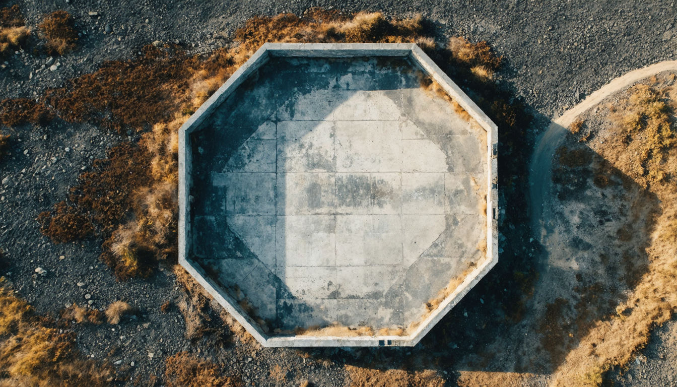 The empty foundation where broadcast power was supposed to begin — now just geometry waiting for a frequency no one commissioned.