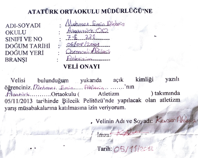 Parental Permission to Athletic Competitions 2013, 5 Nov. in Bilecik