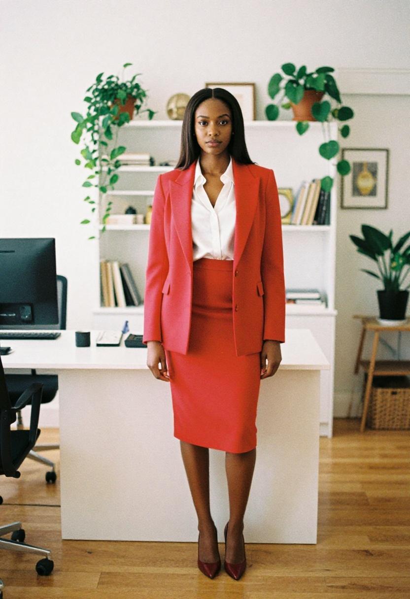 Crimson red blazer with A-line midi skirt in bright modern office