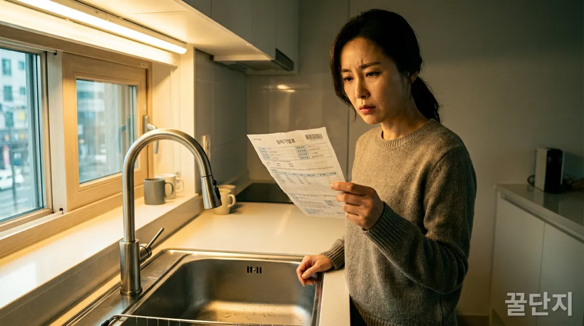 30대 한국인이 수도 요금 고지서를 들고 한숨 쉬는 모습, 현대적인 주방 배경