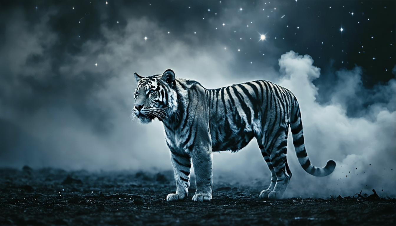 A single grey tiger dissolving into a starfield against a smoke-hazed twilight sky.