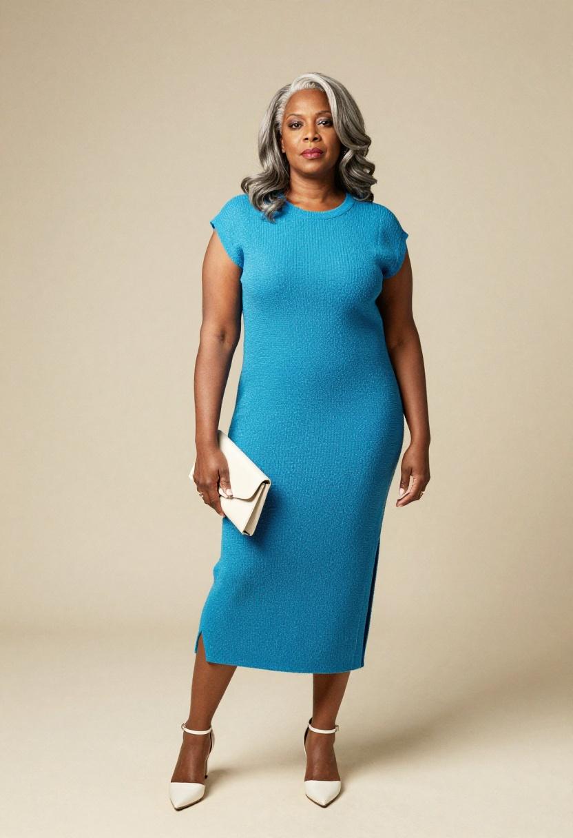 Sapphire blue knit column dress with white ankle-strap heels for sophisticated professional style