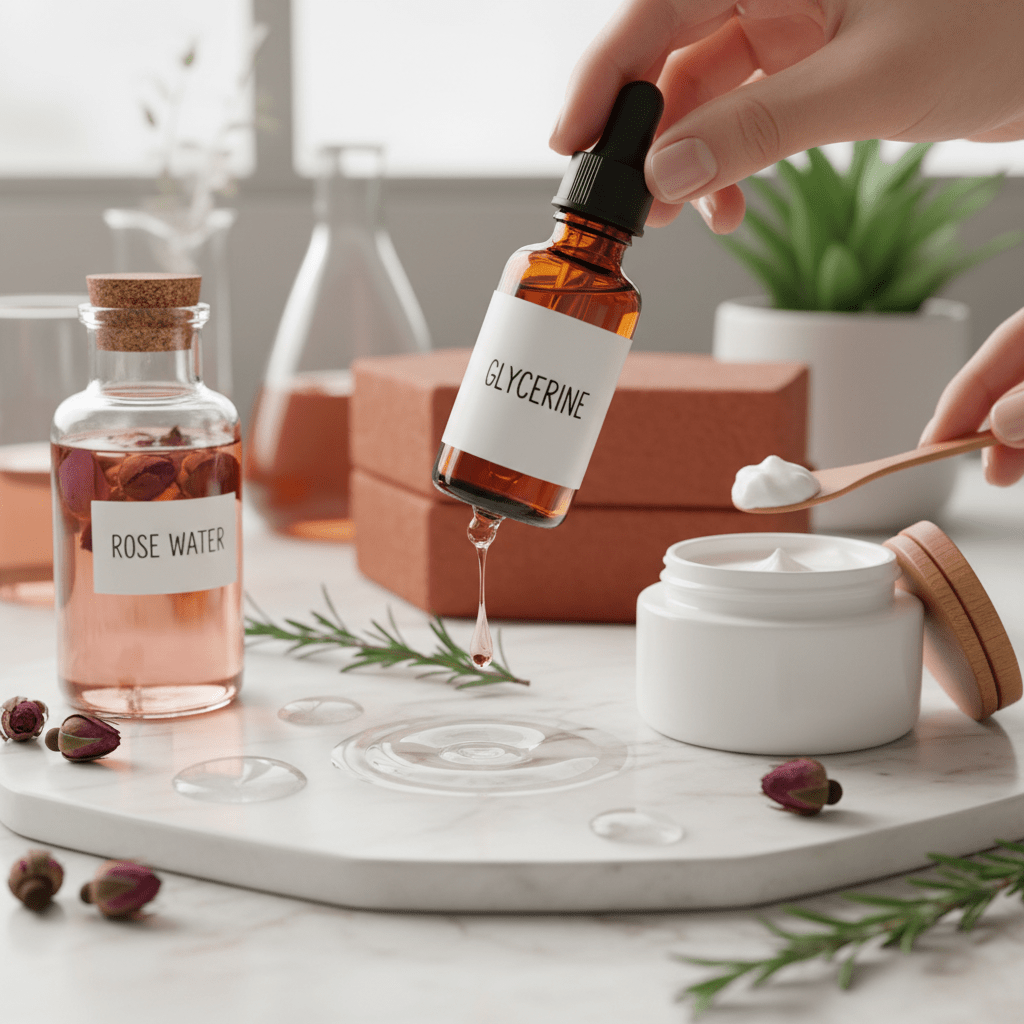 Skincare ingredients with glycerine, water droplets, and rose water