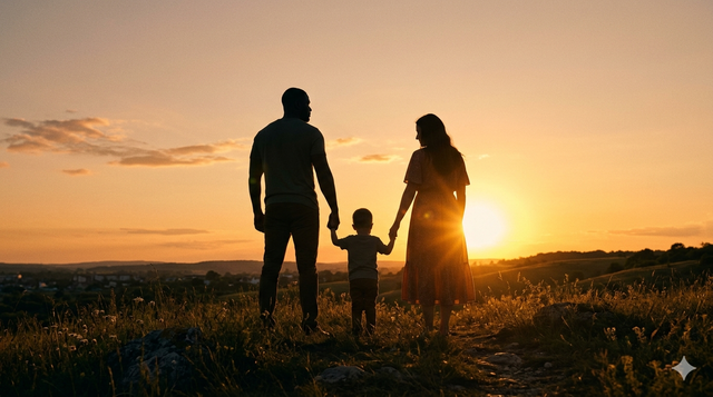 Father protecting family at sunset