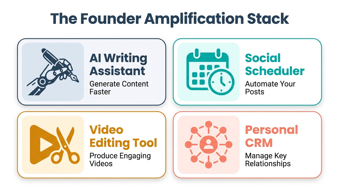 2x2 icon grid infographic showing The Founder Amplification Stack: AI Writing Assistant, Social Scheduler, Video Editing Tool, and Personal CRM — The Zulu Method