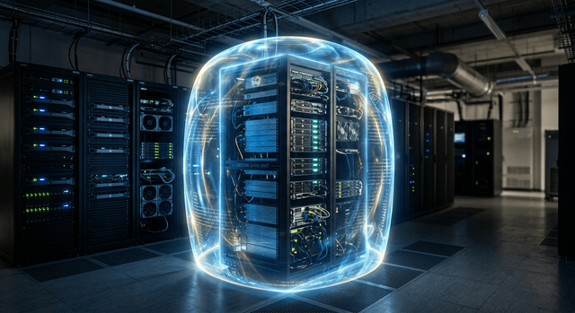 A secure server rack symbolizing data sovereignty with n8n self-hosting.