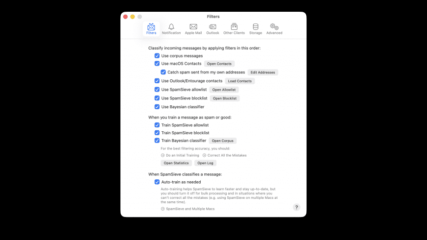 SpamSieve Mac — statistics and log window showing filtered spam and accuracy