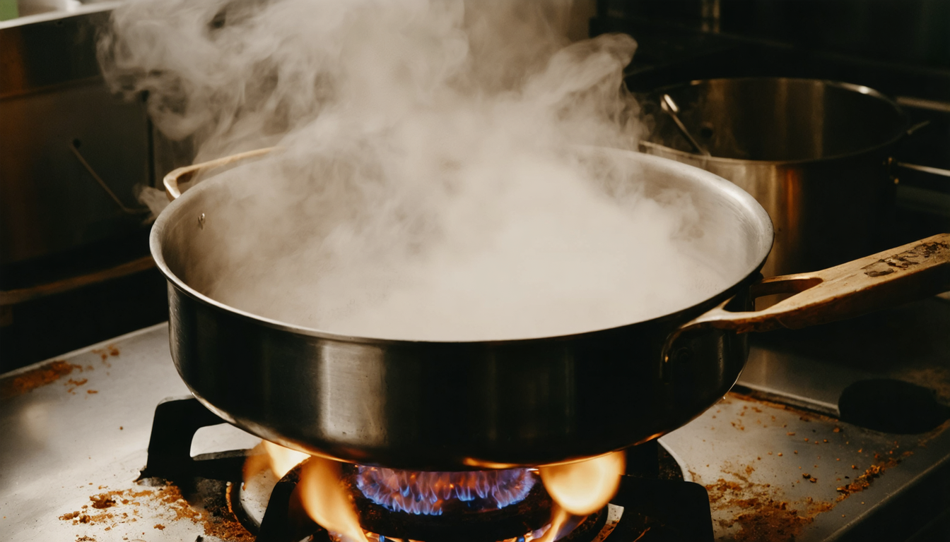 A large industrial stockpot on a stove with steam rising, seen from above in a dimly lit commercial kitchen.