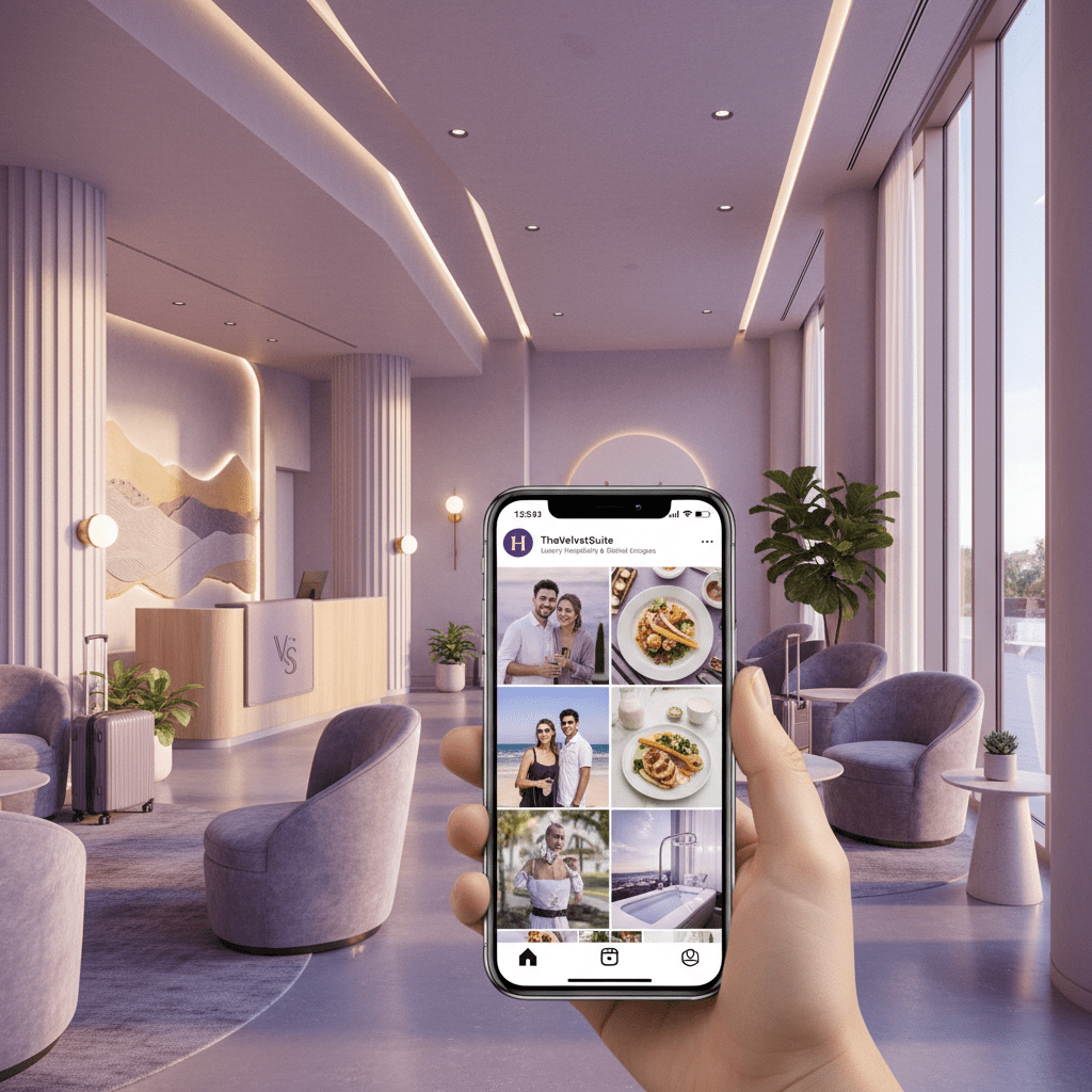 A stylish hotel lobby with a smartphone showing a polished Instagram feed