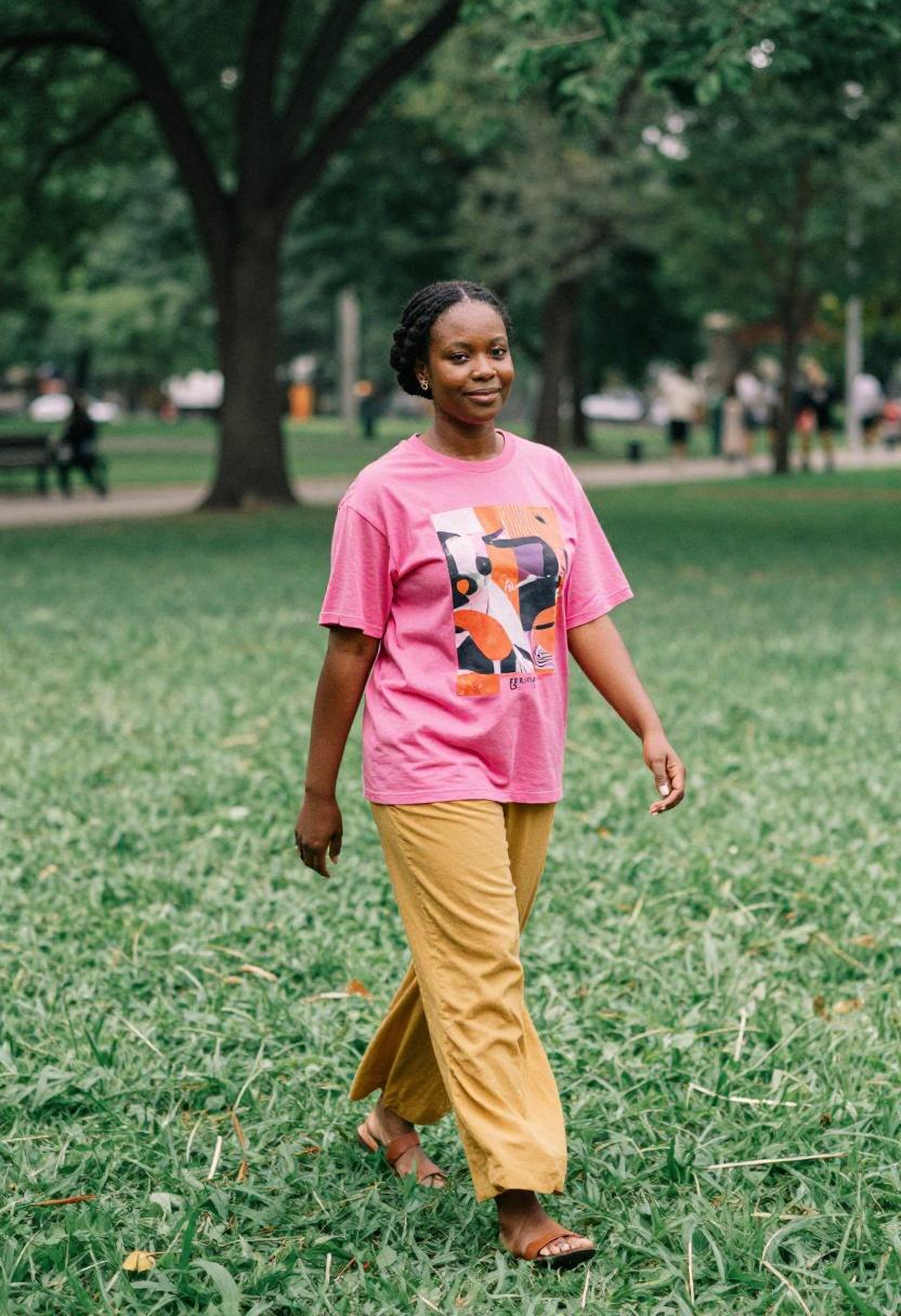Fuchsia graphic tee with mustard palazzo pants and leather slides for bohemian spring plus size look