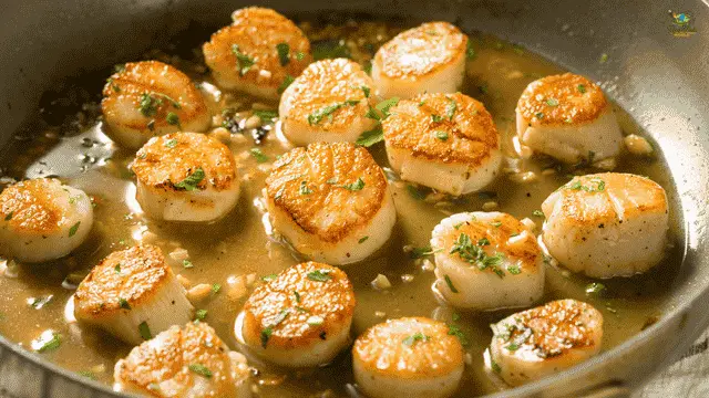 Pan-Seared Scallops golden-brown pan-seared scallops cooking in a rich white wine, garlic, and butter sauce, garnished with fresh chopped herbs inside a pan.A close-up food photography image of golden-brown pan-seared scallops cooking in a rich white wine, garlic, and butter sauce, garnished with fresh chopped herbs inside a pan.