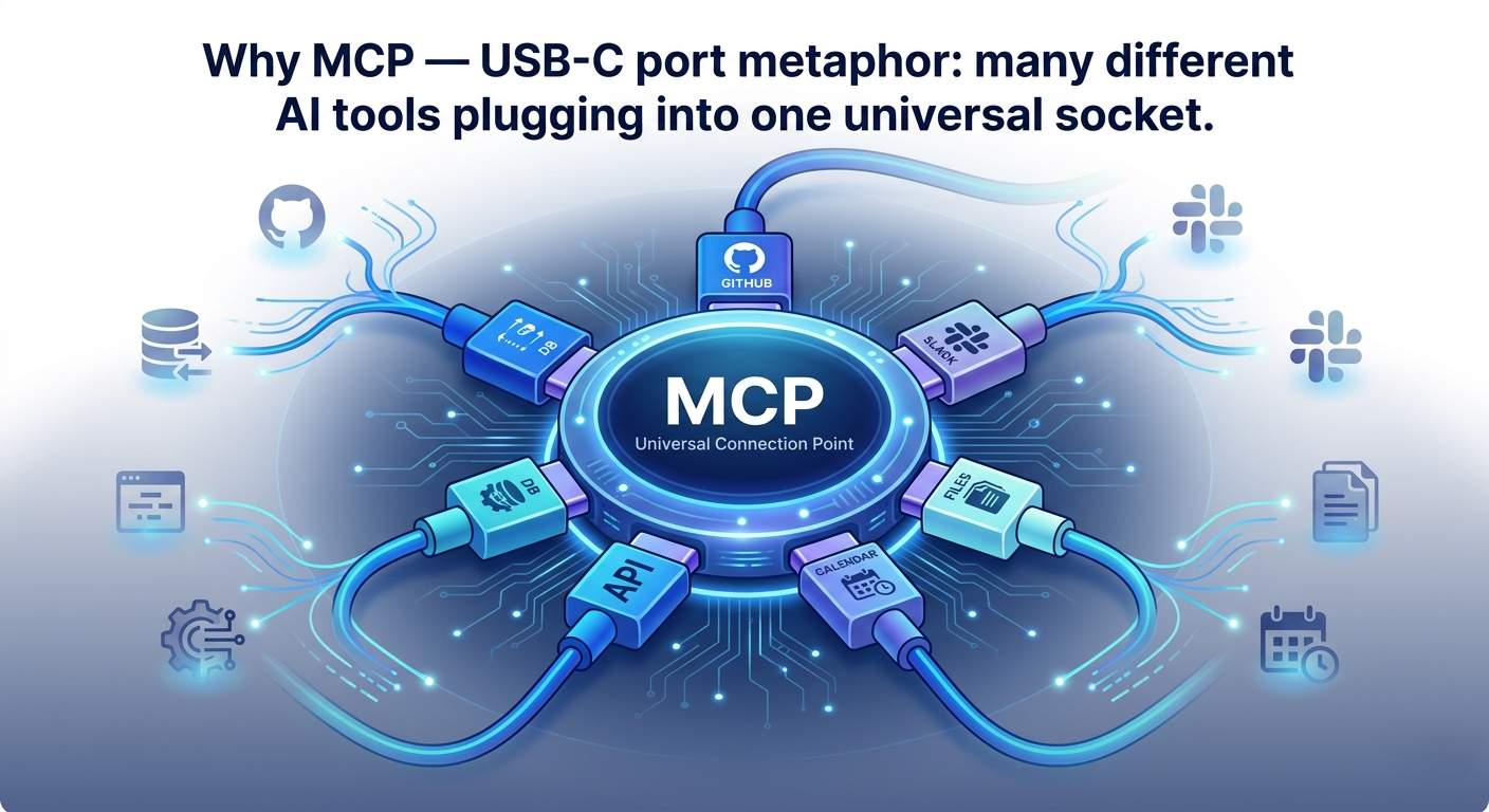 Model Context Protocol MCP architecture diagram showing AI agent connecting to multiple tools through a standardized protocol interface