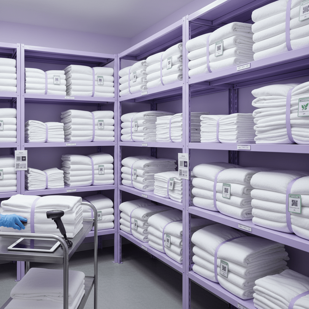 Neatly arranged hotel linen inventory shelves with tagged sheets and towels