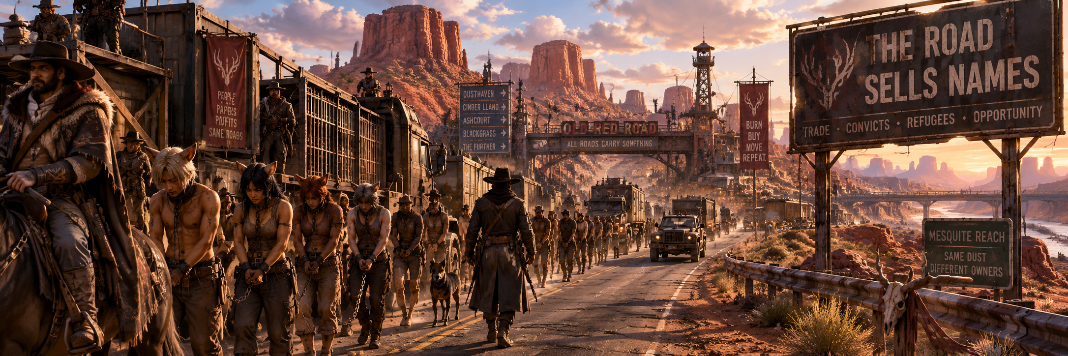 Old Red Road convoy crossing Mesquite red-rock country with chained demi-human captives and ordinary freight traffic