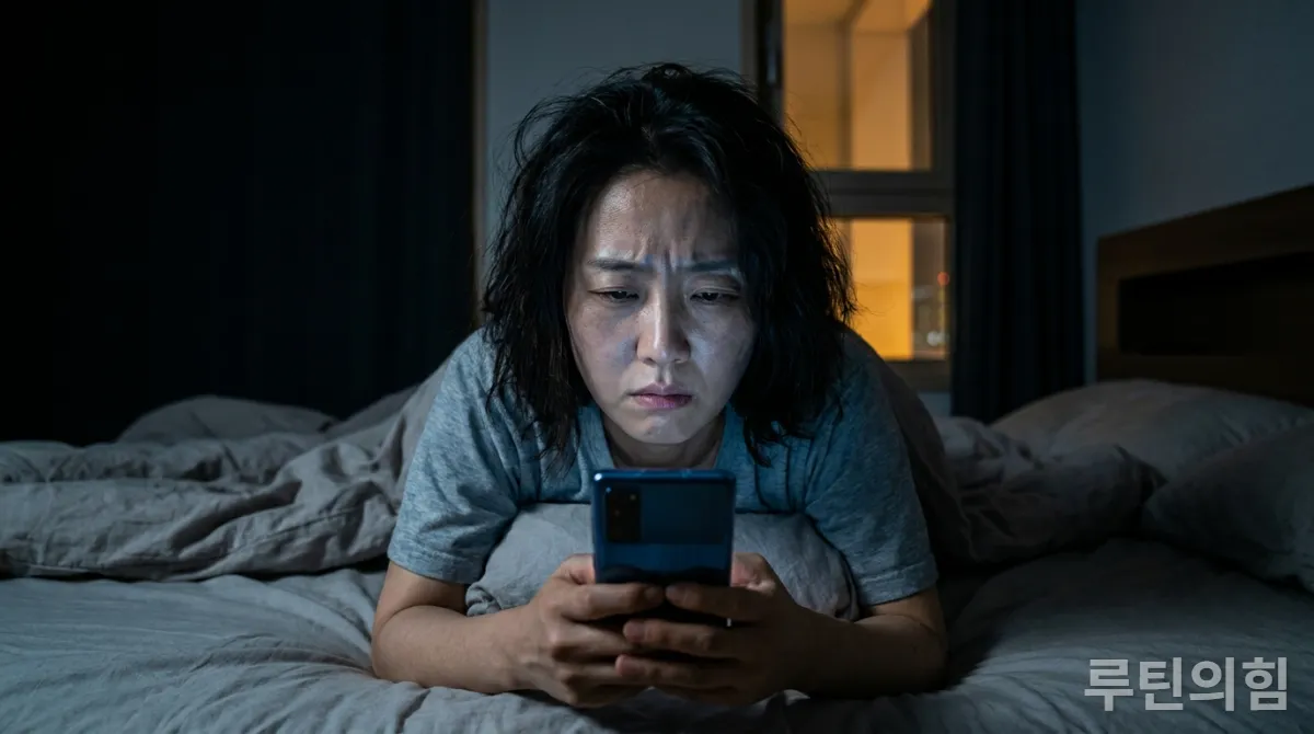 30대 한국인이 잠 못 들고 침대에 누워 스마트폰을 보는 모습, 어두운 침실 배경