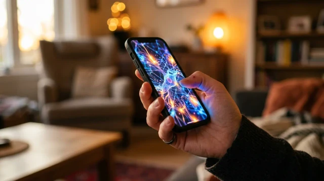 Hand holding glowing smartphone with neural network light patterns in warm living room