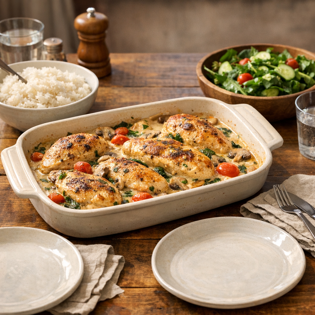 One Pan Creamy Chicken Dinner finished dish