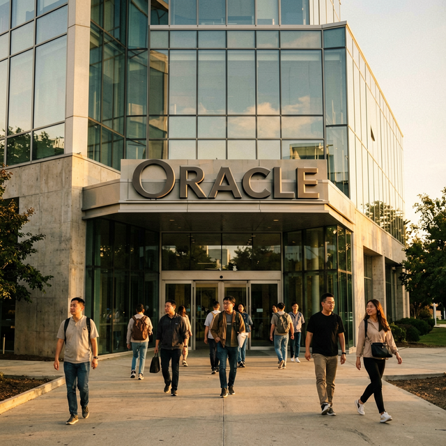 Oracle corporate headquarters in Austin Texas, modern glass building exterior with company signage, employees walking through campus entranc