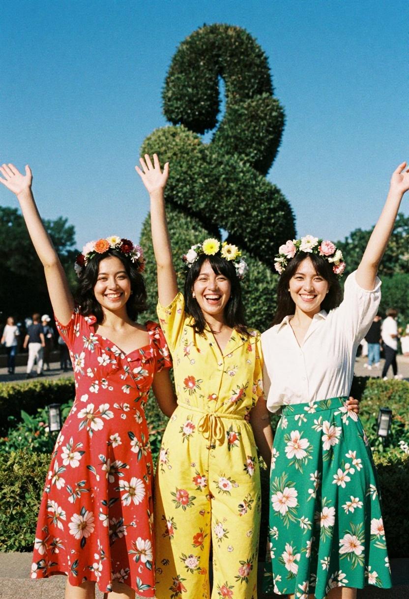 Three friends in vibrant floral garden party outfits celebrating together in a joyful sun-drenched outdoor scene