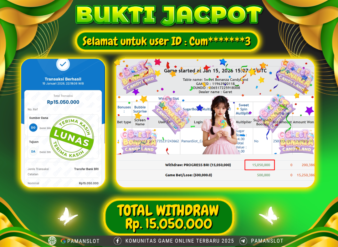 PAMANSLOT JACKPOT Game Live Games PP-Sweet Bonanza Candyland Rp.15,050,000- LUNAS