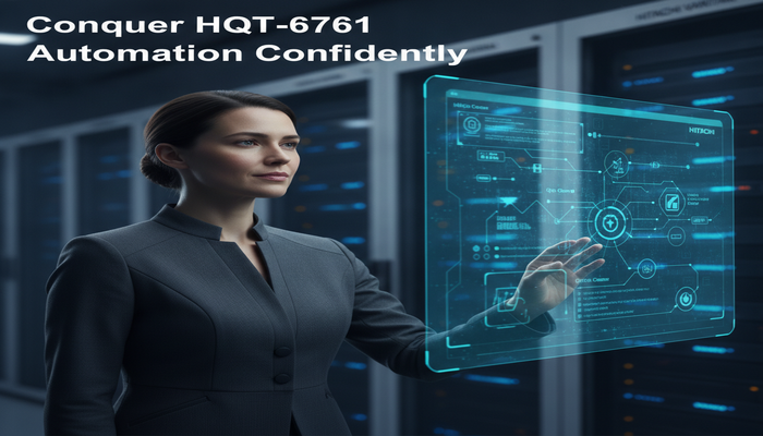 Conquer HQT-6761 Automation Confidently An IT professional confidently interacting with a holographic display showing Hitachi Ops Center automation workflows, with the text 'Conquer HQT-6761 Automation Confidently' clearly visible.