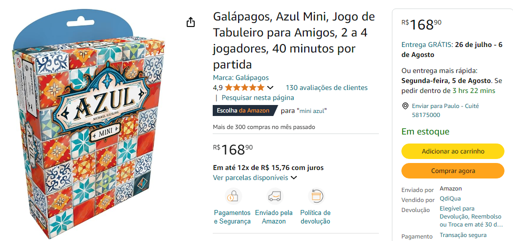 [Amazon] Azul Mini Jogo de Tabuleiro 2 a 4 jogadores = R$ 168,90