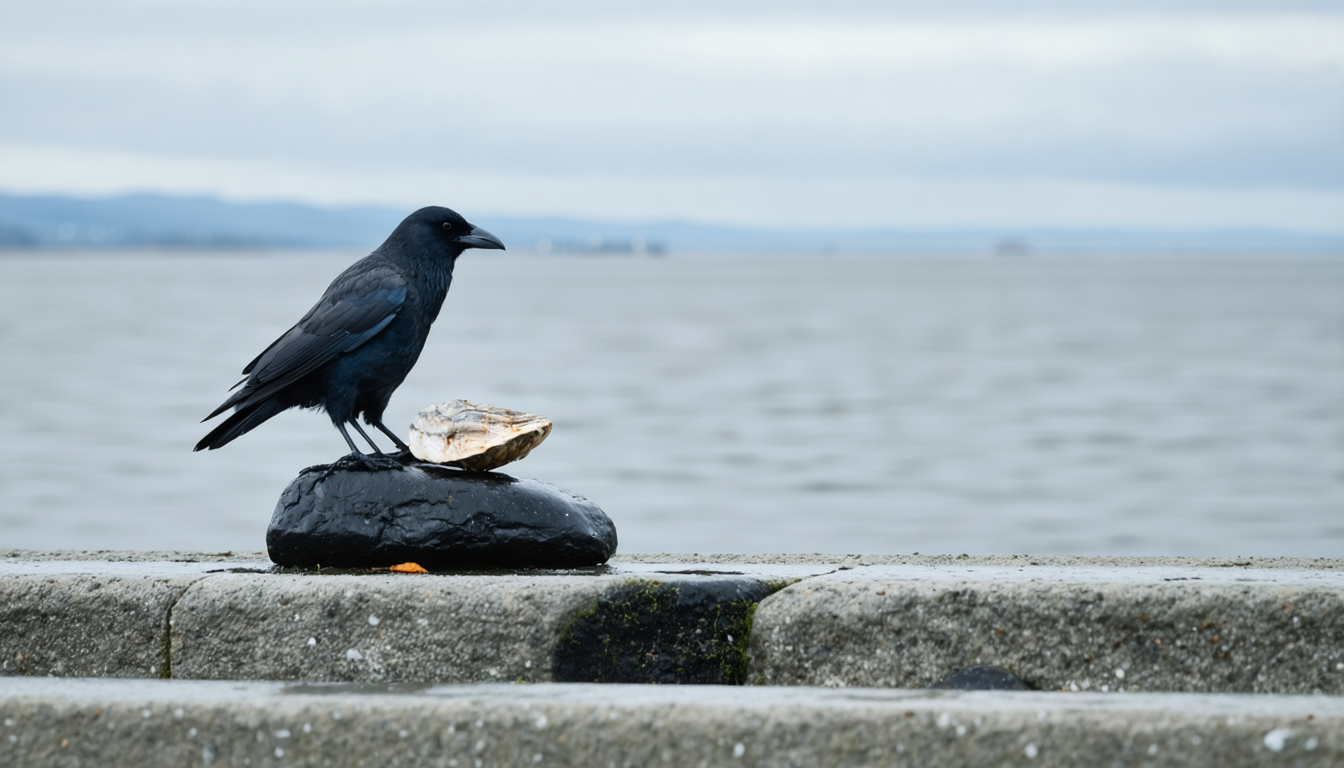 A crow perched on a weathered concrete seawall, a broken mussel shell on the rocks below, under grey Pacific light.