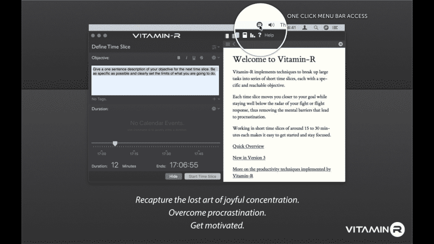 Vitamin-R for Mac — a focused time slice showing a single objective and countdown