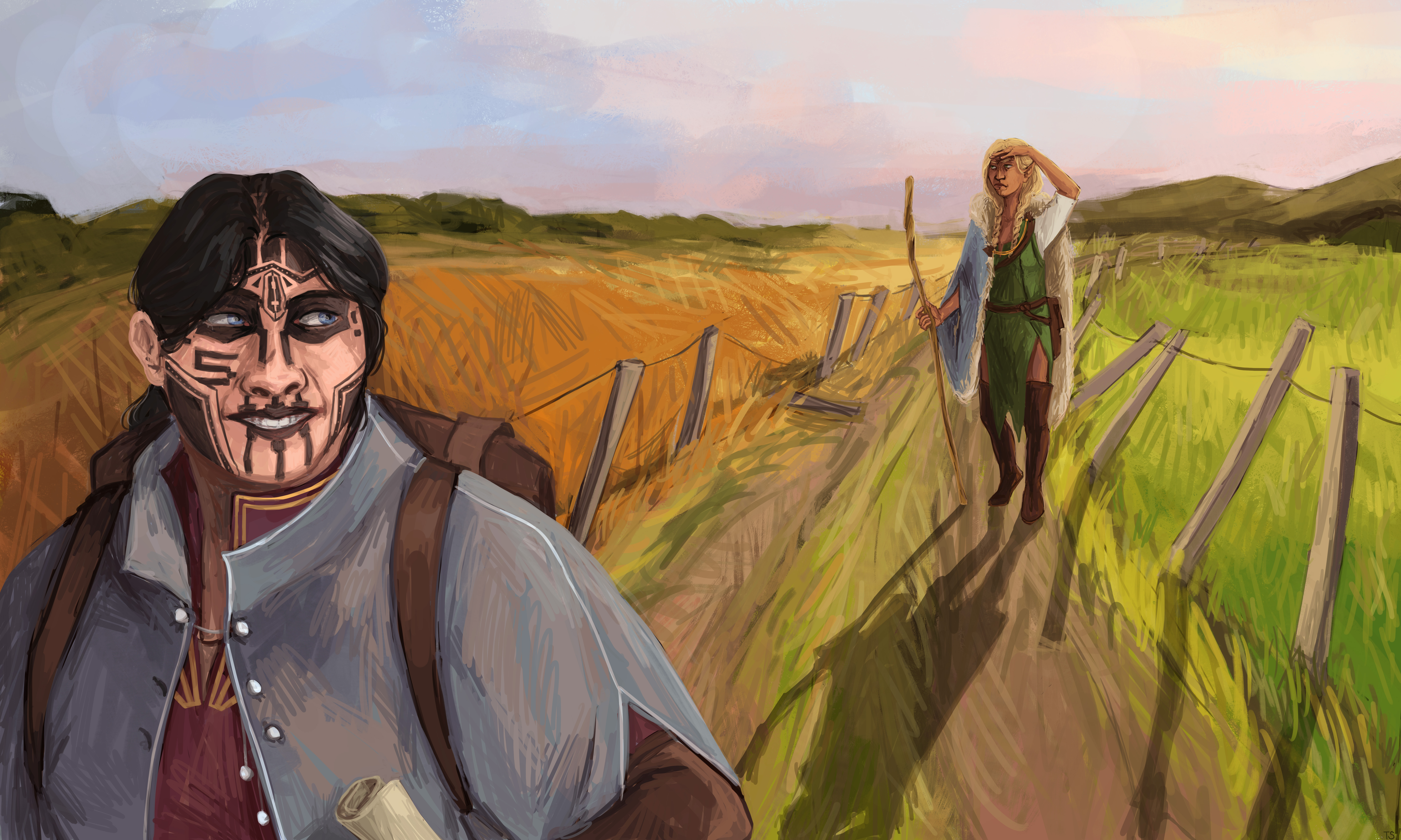 Image Description: Sigrun is in the foreground, standing on a path between golden fields and holding a rolled up map; she is wearing a red tunic with gold embellishments under a blue-grey cloak, and has a pack on her back. A ways behind her, Velanna is shielding her eyes from the rising sun; she is holding a subtly carved staff, and wearing a green tunic, tall brown leather boots, and a light blue cloak lined with white fur.