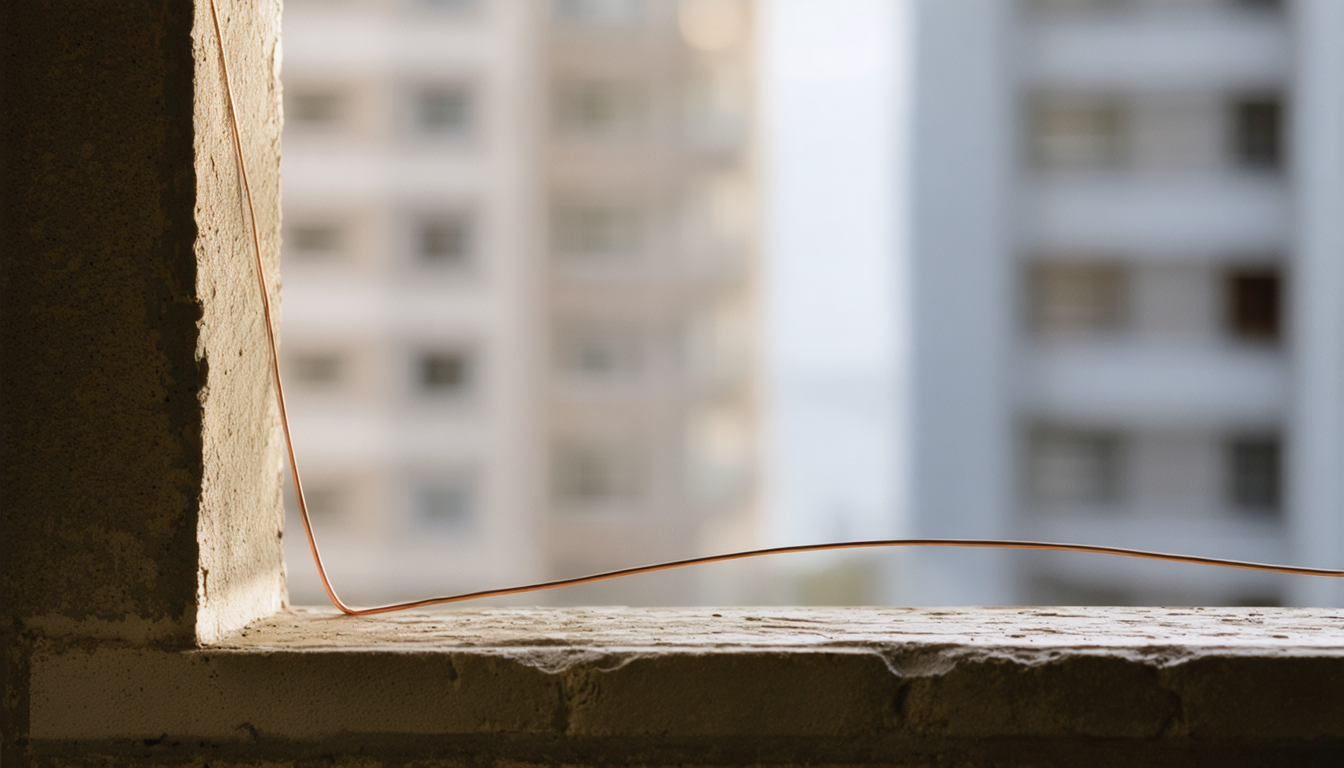 A single thin copper wire catching morning light on a stone windowsill, with a blurred urban backdrop visible through glass.