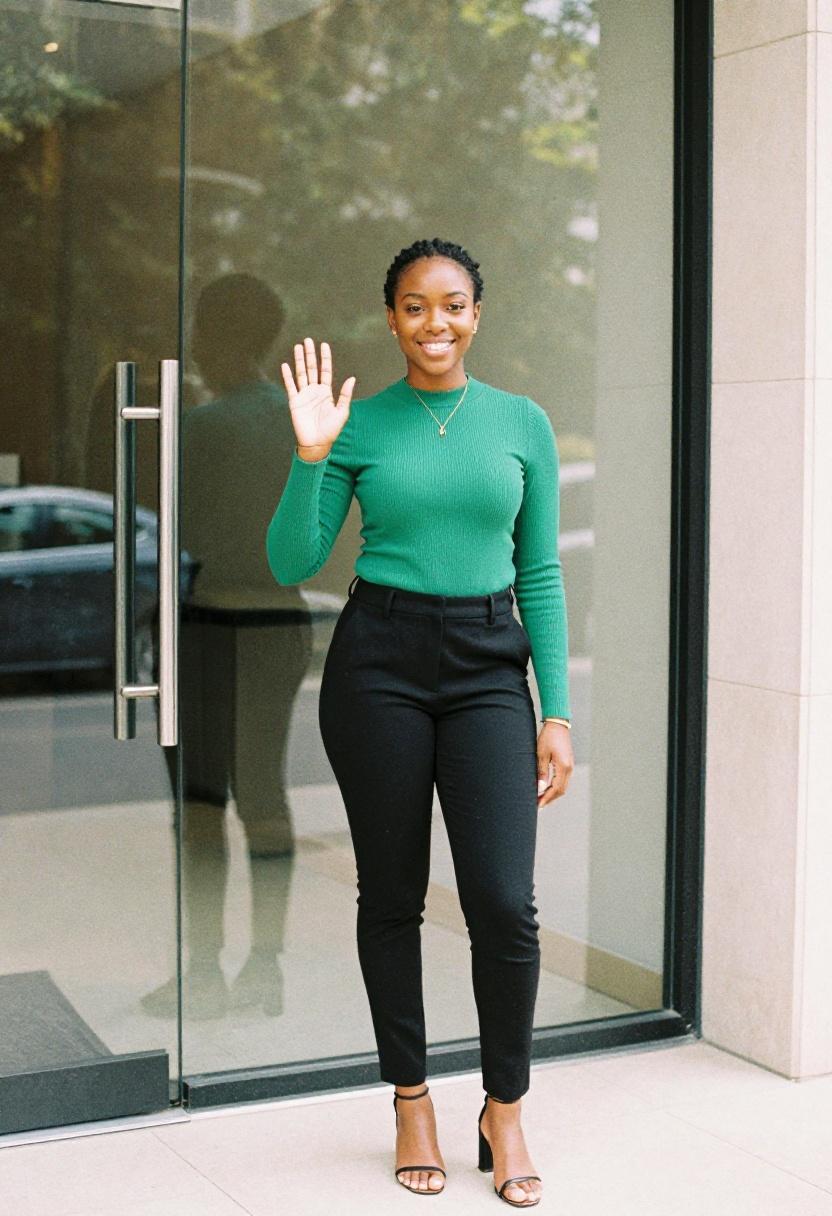 Emerald green mock neck top tucked into tailored black trousers making a striking professional impression