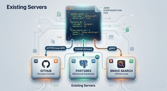 MCP server configuration showing IDE connecting to multiple existing MCP servers via stdio and HTTP with JSON configuration file