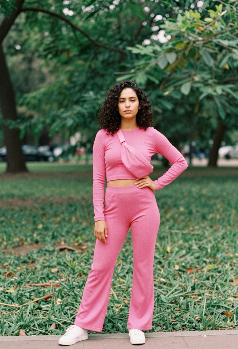 Fuchsia pink ribbed lounge set with sporty-chic confidence against a park backdrop