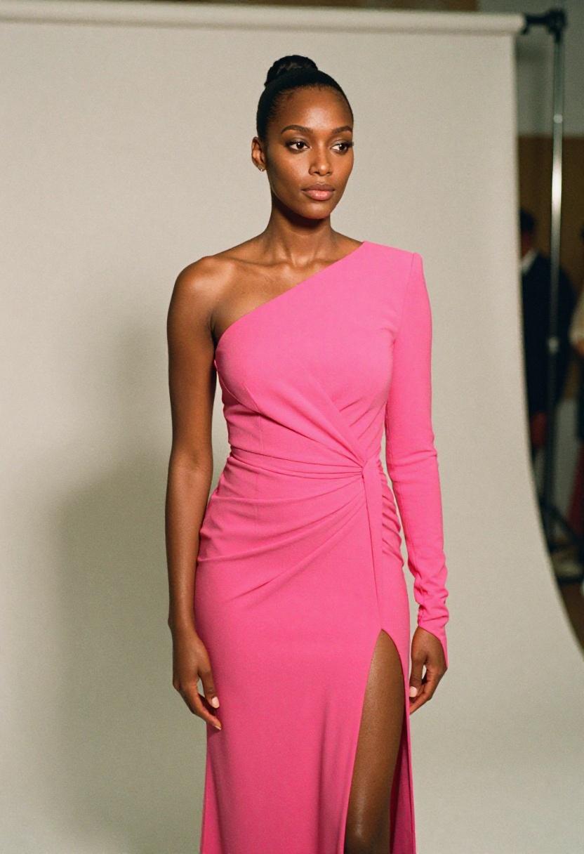Fuchsia one-shoulder gown with opera glove and dramatic slit capturing the confidence of a Hollywood leading lady