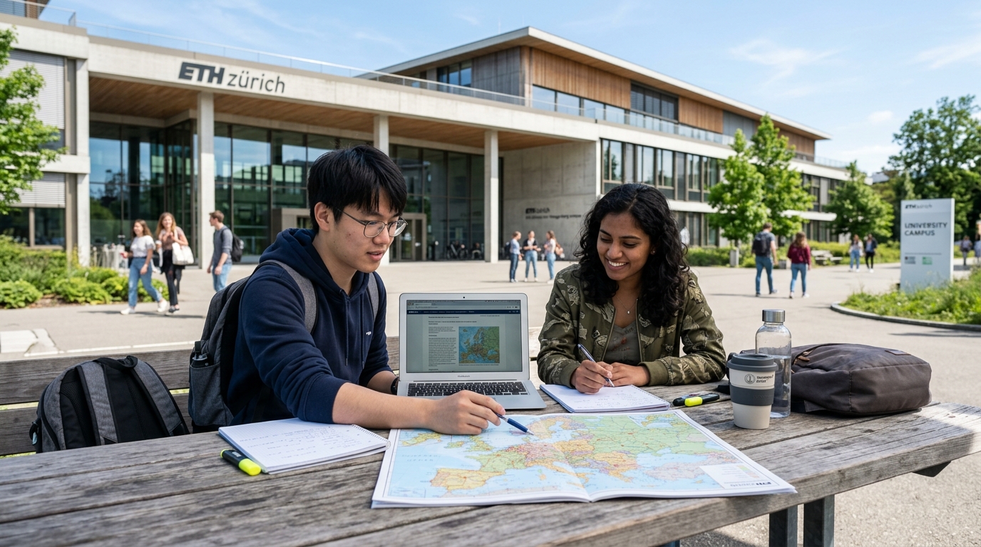 International graduate students reviewing study materials and a European mobility map outdoors