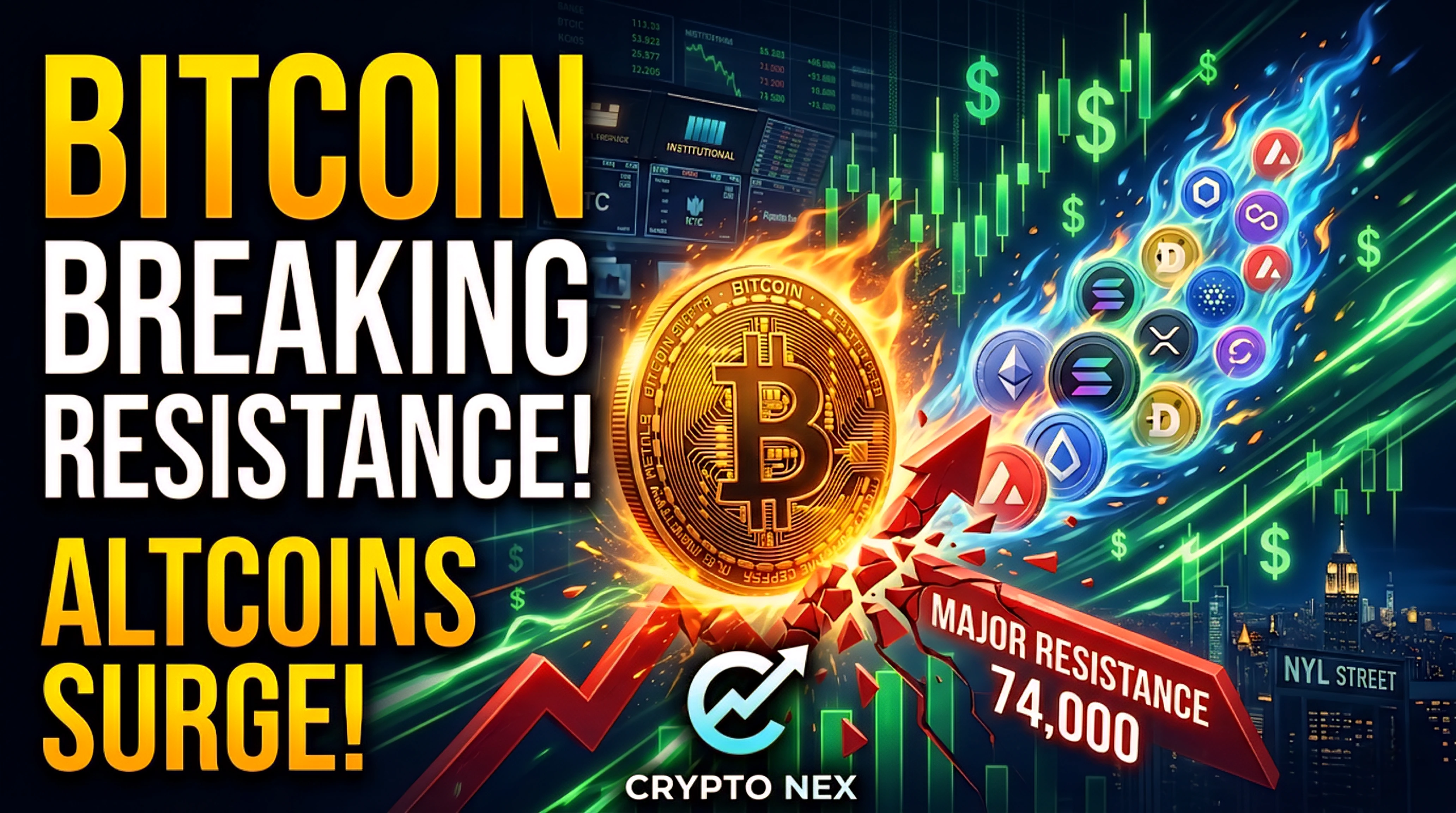 Crypto market update thumbnail showing Bitcoin, altcoin rotation, and institutional momentum