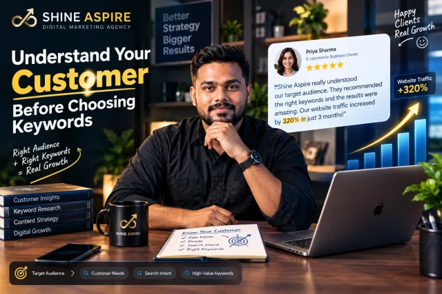 “Shine Aspire digital marketing strategy showing customer research, search intent, keyword research, five-star client testimonial and business growth”