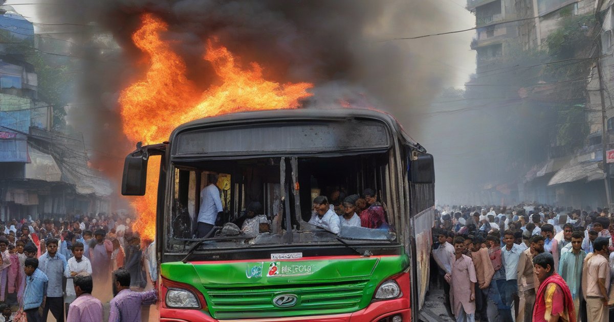 Firefighters extinguishing a burning bus on a busy Dhaka street near commercial tower