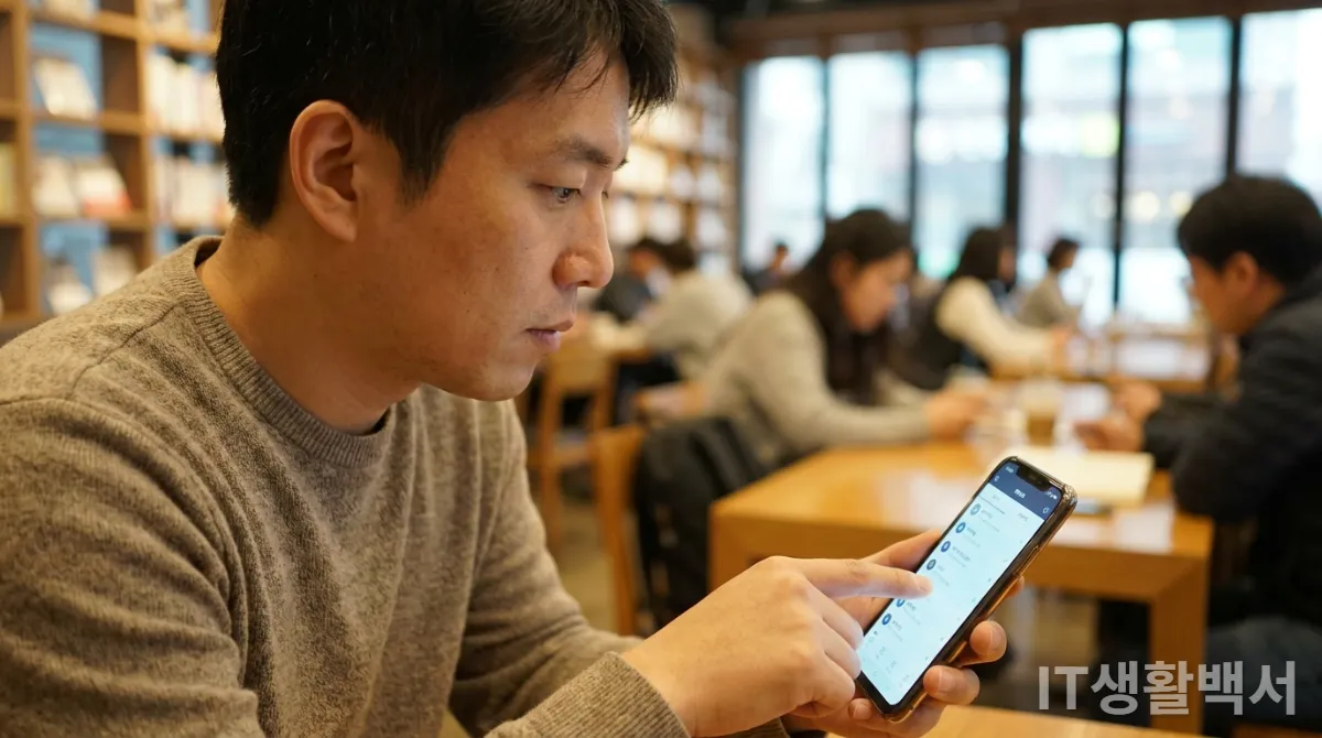 30대 한국인이 스마트폰으로 와이파이 네트워크를 신중하게 선택하는 모습, 도서관이나 카페 같은 공공장소 배경