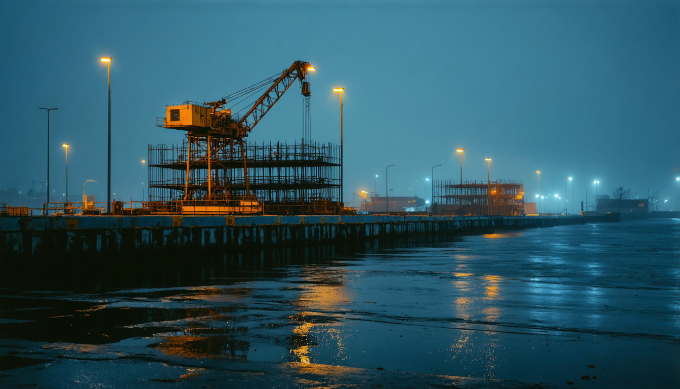 A dimly lit dockside at night with steel scaffolding and a stationary crane, water reflecting sparse light.