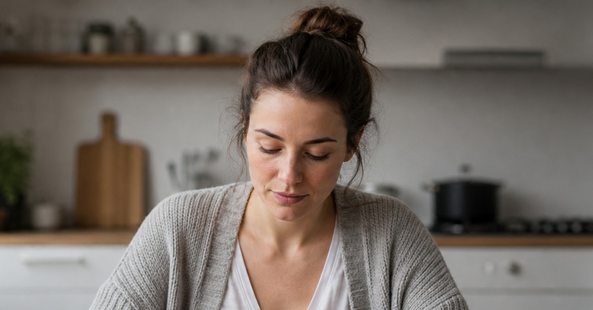A woman eating a small, simple meal of plain broth, crackers, and water at a kitchen table — representing the dietary adjustments that minimise GLP-1 side effects: smaller portions, easily digestible foods, and avoiding high-fat triggers during dose escalation