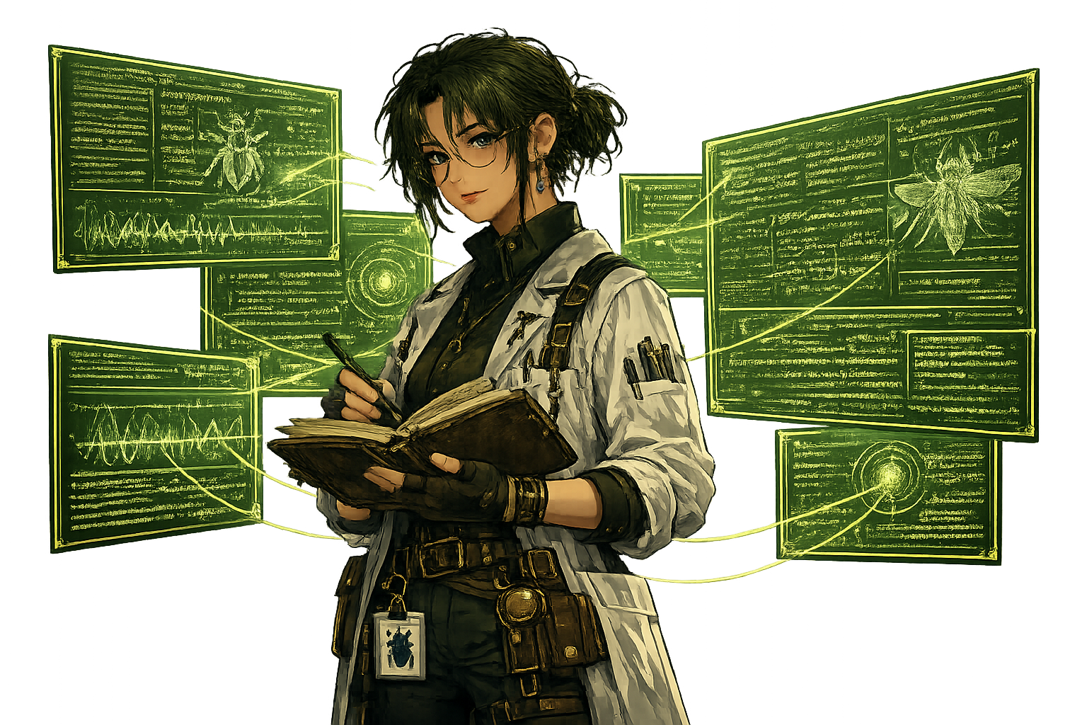 Nell Farrow surrounded by glowing research panels while writing in a notebook